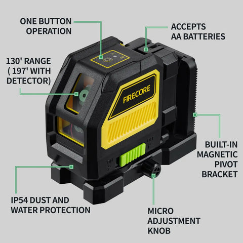 Pro Grade Self Leveling Cross Line Laser With Receiver Kit For Outdoor Construction Green Beam 197 Foot Working Range Rod Clamp And Hard Case Included with product features like magnetic pivot bracket and operation button.