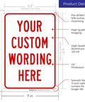 Personalized Metal Sign With Red Border For Office Home Business And Airbnb 10 By 7 Inches Rust Free Aluminum Weather Resistant Made In USA Built To Last For Delivery And Workplace Decor Solutions, features detailed dimensions and customization options.
