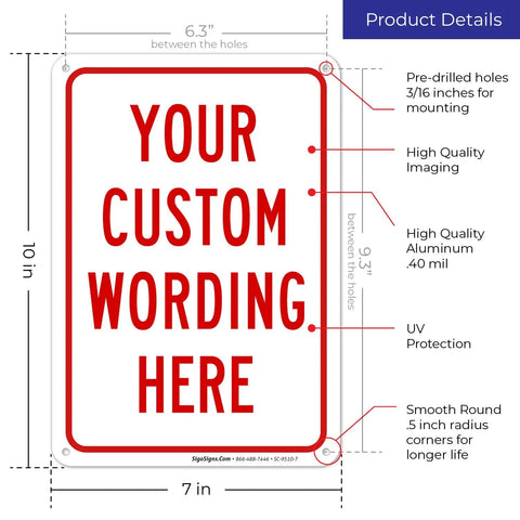 Personalized Metal Sign With Red Border For Office Home Business And Airbnb 10 By 7 Inches Rust Free Aluminum Weather Resistant Made In USA Built To Last For Delivery And Workplace Decor Solutions, features detailed dimensions and customization options.