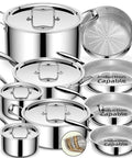 Stainless Steel Cookware Set 14 Piece 5 Ply Full Clad Induction Ready Pots And Pans displayed, showing lids and handles