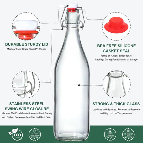 Eight Pack Of 33 Oz Swing Top Glass Bottles With Secure Caps And Lead Free Design Top For Brewing Kombucha And Syrups Includes Funnels Pourers Spare Rings And Waterproof Stickers So You Can Store Your Batch Straight Up No Drama And Keep Your Space