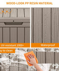 Close-up of 45 Gallon Outdoor Storage Deck Box Weatherproof Resin Chest showing UV-resistant, waterproof, and easy-to-clean features.