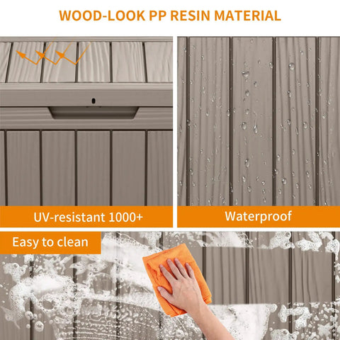 Close-up of 45 Gallon Outdoor Storage Deck Box Weatherproof Resin Chest showing UV-resistant, waterproof, and easy-to-clean features.