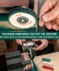 Legit 3 In 1 Stropping Compound Kit For Leather Strop And Knife Sharpening Featuring Red White Green Polishing Compounds To Nail Your Edge On Blades And Metal Buffing Model P03 with polishing wheel and compounds.