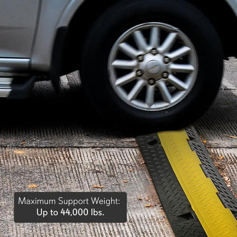 Heavy Duty Cable Protector Ramp Cover With Flip Open Top For Indoor Outdoor Use 4 Channel Cord Protection Waterproof Holds Up To 33000lbs Per Ramp 31.5 By 16.1 By 3.14 Inches 2 Pack Black And Yellow with car wheel support