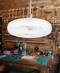 Enclosed 10 Inch Ceiling Fan With Light For Garage And Workshop hanging above a tool-filled workbench, Tiny Yet Mighty Mini Fan Bulb Combo