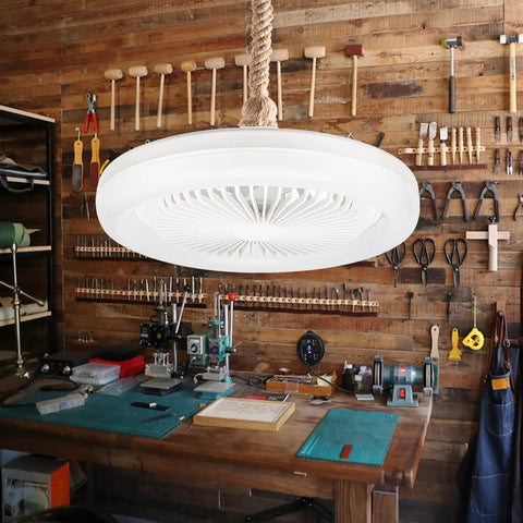 Enclosed 10 Inch Ceiling Fan With Light For Garage And Workshop hanging above a tool-filled workbench, Tiny Yet Mighty Mini Fan Bulb Combo