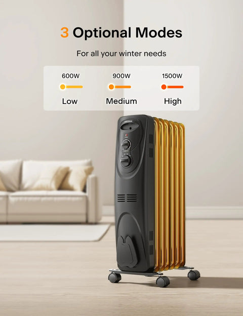 Big Room Electric Oil Filled Radiator Heater With Dual Knobs 1500W Fast Heat Quiet Space Heater 3 Modes in living room