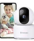 2K Indoor Security Cam With 360 Degree View For Pets And Baby, Night Vision, Built In Siren, Local SD Storage, and phone app view