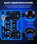 Premium Oil Filter Wrench Set Featuring 3 8 Inch Drive Low Profile Sockets For Dead Simple Car Repair And Slick Grease Monkey Approved Weekend Mech Projects includes size-marked sockets and ratchet in a blue case.