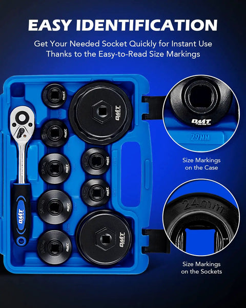 Premium Oil Filter Wrench Set Featuring 3 8 Inch Drive Low Profile Sockets For Dead Simple Car Repair And Slick Grease Monkey Approved Weekend Mech Projects includes size-marked sockets and ratchet in a blue case.