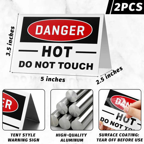 No Nonsense Aluminum Tent Warning Signs, Double Sided Heat Hazard Plates, 5 X 3.5 Inch bold danger tags shown in tent style.