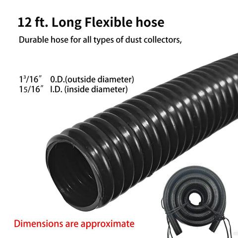 Close-up of black 12 ft long flexible hose from 12 Foot Dust Collection Hose Kit For Woodworking Tools with visible dimensions.