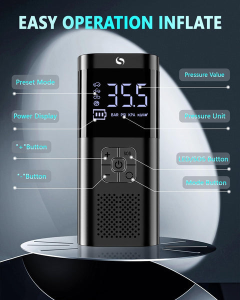 Cordless Tire Inflator Portable Air Compressor With LED Light, Auto Shutoff At Target Pressure, 150 PSI Gauge interface