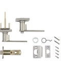 Six Pack Satin Nickel Interior Door Levers For Bedroom And Bath Privacy Non Locking, handles and installation parts displayed