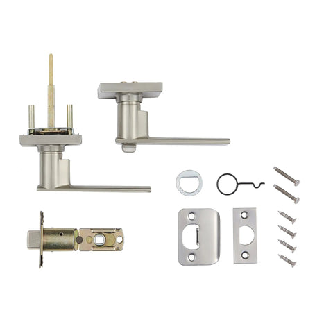 Six Pack Satin Nickel Interior Door Levers For Bedroom And Bath Privacy Non Locking, handles and installation parts displayed