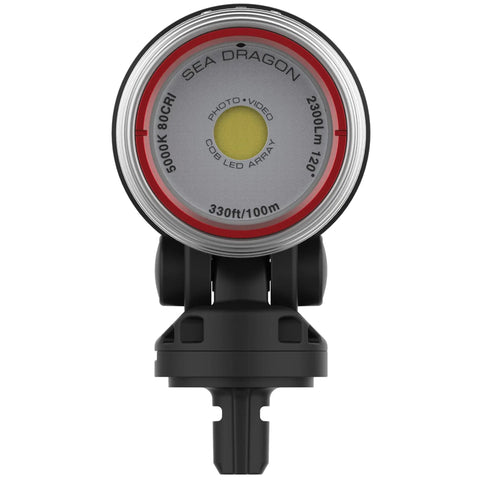 Front view of Sea Dragon 2300F Underwater Photo Video Light For Scuba And Snorkeling with specifications on lens