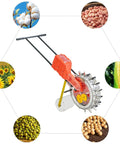 Manual Seed Planter Roller Seeder with crop images showing corn, peanuts, sunflowers, and soybeans for efficient planting.