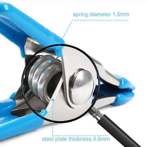 Close-up of 2 Inch Heavy Duty Spring Clamps Set 30 Pack For Woodworking Crafts Photography Backdrops Muslin Studio Clips Nickel Plated Steel With Non Marking PVC Coated Tips Pro Grade For Pros And DIYers showing spring details.