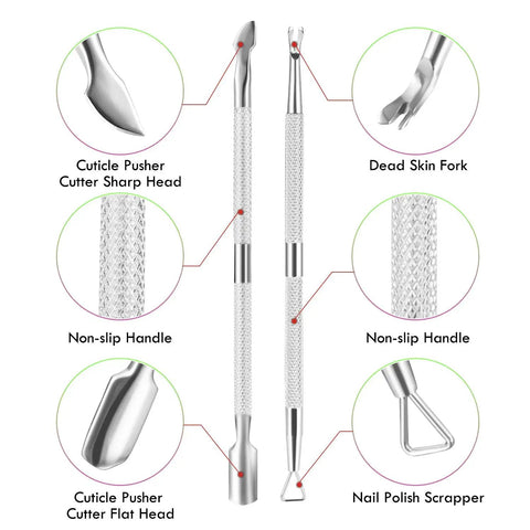 5 In 1 Cuticle Care Kit With Stainless Steel Trimmer Pusher Nipper Dead Skin Fork And Triangle Nail Scraper close-up details
