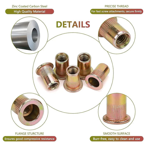 DIY Friendly Heavy Duty M8 Rivet Nut Kit 50 Piece Carbon Steel Nutserts With 1.25mm Thread, details view and material highlights.