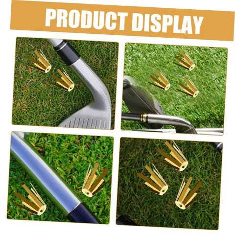 Set Of Five Premium Brass Golf Shaft Adapter Shims And Universal Shaft Spacers for Adjustable Iron Wedge Extensions on grass.