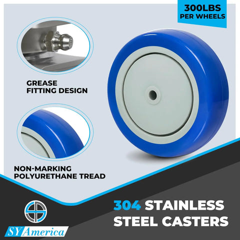Heavy Duty 4 Inch By 1.25 Inch Stainless Steel Caster Wheels With Non Marking Polyurethane, 300 Lb Per Caster, 50 Brake