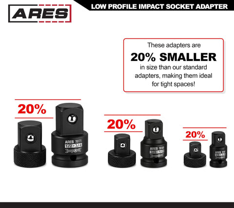 Low Profile Impact Socket Adapter Set For Tight Spots With 1/4 In F To 3/8 In M 3/8 In F To 1/2 In M 1/2 In F To 3/4 In M Heat Treated Chrome Vanadium Steel Knurled Grip For Enhanced Dexterity And Long Life