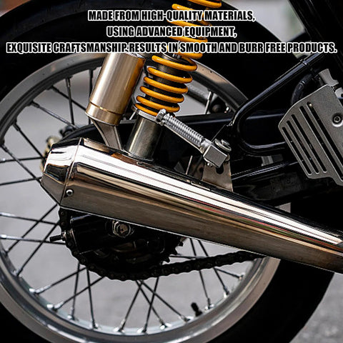 Motorcycle exhaust pipe spring, stainless steel, 65mm, mounted on chrome muffler.