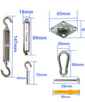 Rugged 304 Stainless Steel Sun Shade Sail Hardware Kit With 4 Turnbuckle Hooks And 16 Screws Plus Expansion Tubes For Canopy Tent Awning Install M6, 147mm turnbuckle, 65mm eye plate