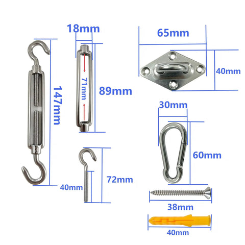 Rugged 304 Stainless Steel Sun Shade Sail Hardware Kit With 4 Turnbuckle Hooks And 16 Screws Plus Expansion Tubes For Canopy Tent Awning Install M6, 147mm turnbuckle, 65mm eye plate