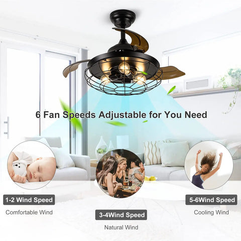 Farmhouse Rustic 36 Inch Ceiling Fan With Lights, DC Motor, Remote Control showcased in a bright living room with speed options.