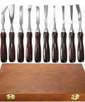 12 Piece Wood Chisel Set With Wooden Box Carving Tools For Woodworking CRV Steel Blades And Premium Wood Handles Displayed Above Box