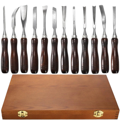 12 Piece Wood Chisel Set With Wooden Box Carving Tools For Woodworking CRV Steel Blades And Premium Wood Handles Displayed Above Box