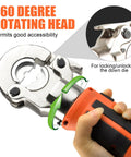 Rechargeable Electric Hydraulic Crimping Tool Delivers Rock Solid 12 Ton Force For Crushing 8 Awg To 600 Mcm Copper And Aluminum Cables With A Pro Grade Set Of Twelve Dies showing 360-degree rotating head design for easy access.