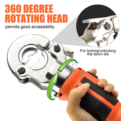 Rechargeable Electric Hydraulic Crimping Tool Delivers Rock Solid 12 Ton Force For Crushing 8 Awg To 600 Mcm Copper And Aluminum Cables With A Pro Grade Set Of Twelve Dies showing 360-degree rotating head design for easy access.