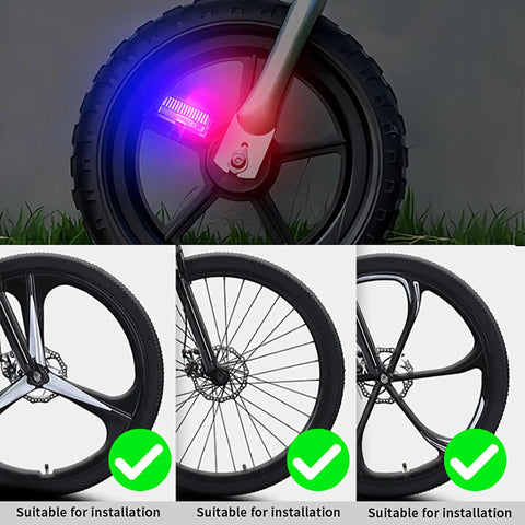 Rechargeable Bike Wheel Lights 2 Pack Weatherproof Spoke Lights For All Wheel Sizes with glowing colored light on tire spokes
