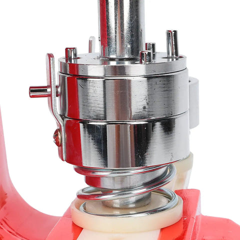 Close-up of Premium Metal Badge Machine Button Maker showing metal mechanism and durable aluminum frame for precise operation.