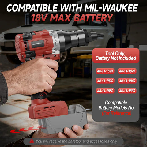 Hand holding Cordless Rivet Nut Gun For Milwaukee 18V Power, No Battery Included, Brushless Electric Tool in car repair setting.