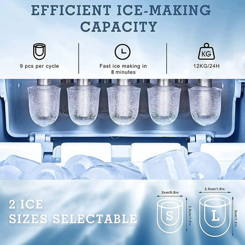 Fast Freeze Countertop Ice Maker Produces Nine Fresh Cubes In Eight Minutes showing selectable ice sizes and fast ice making features.
