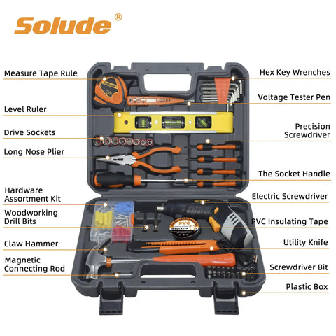 130 Piece Home Tool Kit With 3.6 Volt Cordless Screwdriver includes spirit level, hammer, pliers, sockets, bits in case