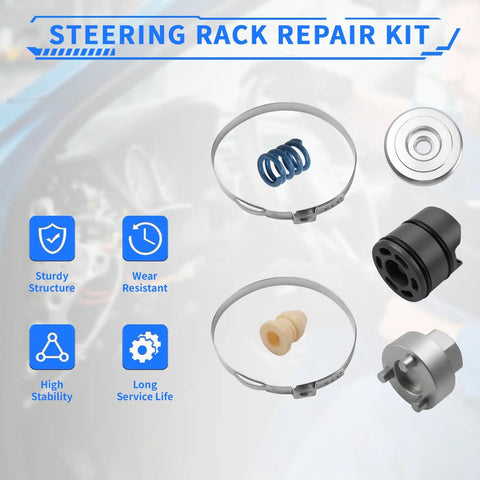 Beefed Up Steering Rack Repair Kit For BMW 1 Series Through 4 Series And X Line F20 F21 F25 F30 F31 F32 F33 F36 F48 Direct Fit OEM Replacement With 32 10 6 891 974 And 860702001 components shown.