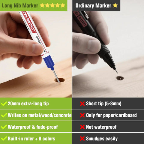 Premium Long Nib Markers And Deep Hole Marker Pens Waterproof Construction Marking Tools With Built In Ruler, comparison showing long nib vs ordinary marker.