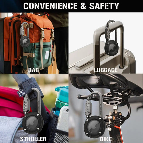 AirTag Holder With 3 Digit Combination Lock Protective Case With Metal Carabiner on bag, luggage, stroller, bike