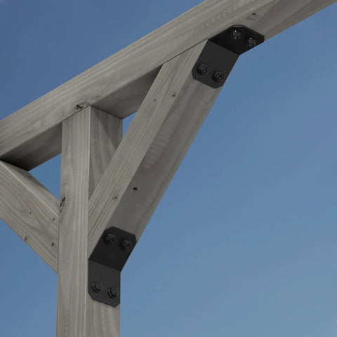 Avant Collection ZMAX Black Powder Coated Knee Brace Connector For 6X Lumber attached to wooden beam on outdoor structure.