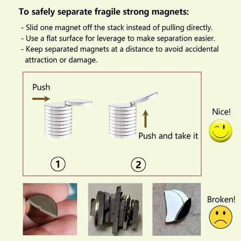 Instructions for safely separating 60 Pack N52 Neodymium Disc Magnets 0.5 Inch Diameter, 0.0625 Inch Thick, with illustrations and photos.