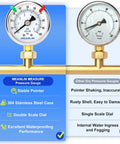 Comparison of Meanlin Measure gauge with rugged stainless steel dry pressure gauge 0 to 100 psi, two inch dial, NPT lower mount.