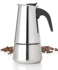 Stovetop Espresso Maker 9 Cup Moka Pot In Stainless Steel 450ml 15oz, shown with coffee beans, featuring ergonomic handle for home or camping use.