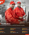 Factory workers in red uniforms conducting test verification on computer