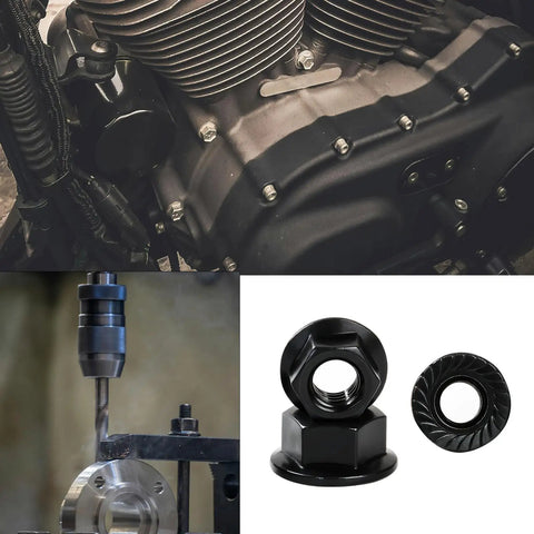M10x1.5 Serrated Flange Hex Nuts Anti Loosening Black Oxide Finish 15mm Nut Size with automotive engine and drill press
